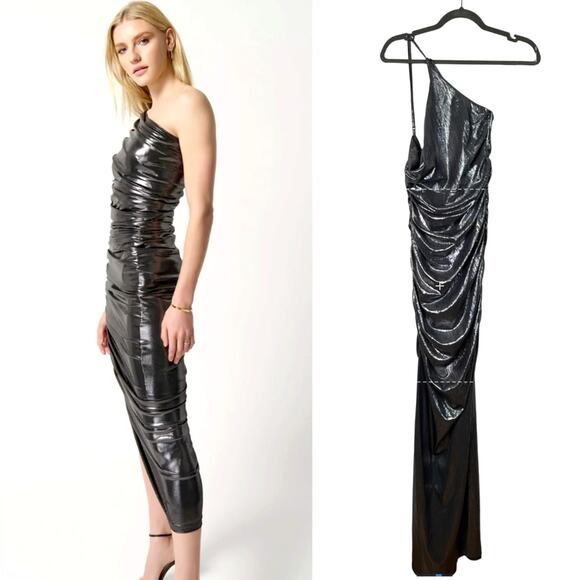 Vintage Y2K Social Couture L One Shoulder Bodycon Shimmer Dress Gunmetal Silver - Picture 1 of 7